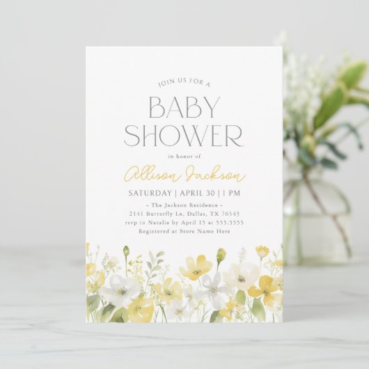 Yellow Floral Wildflower Baby shower Uitnodiging (Staand voorkant)