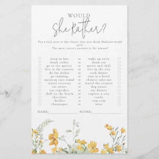 Yellow Floral | Would She Rather Baby Shower Game (Voorkant)