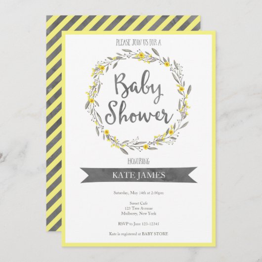 Yellow Floral Wreath Baby shower Invitation Kaart (Voorkant / Achterkant)