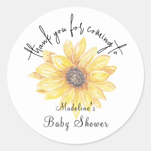 Yellow Floral Zonnebloem Baby shower Dank u Ronde Sticker (Voorkant)
