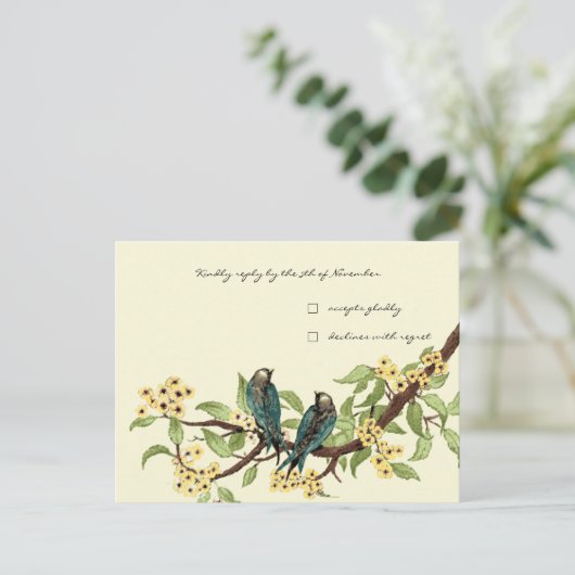 Yellow Florals Blauwgroen  Tortelduifjes Reactie Uitnodiging Briefkaart (Staand voorkant)