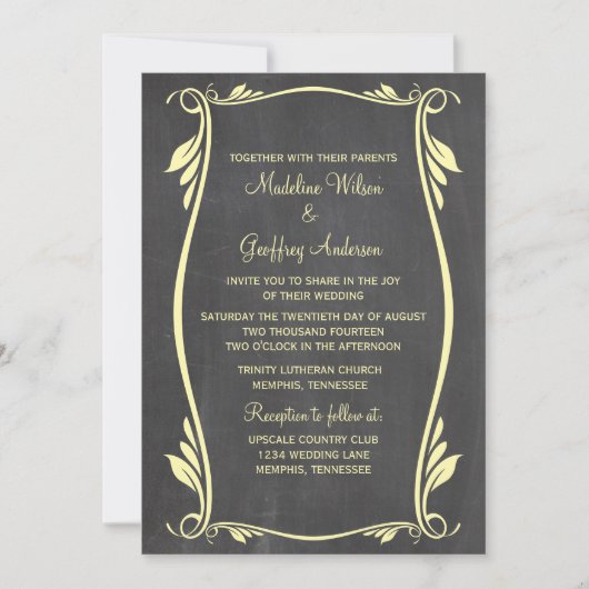 Yellow Flourish Chalkboard Wedding Invite Kaart (Voorkant)