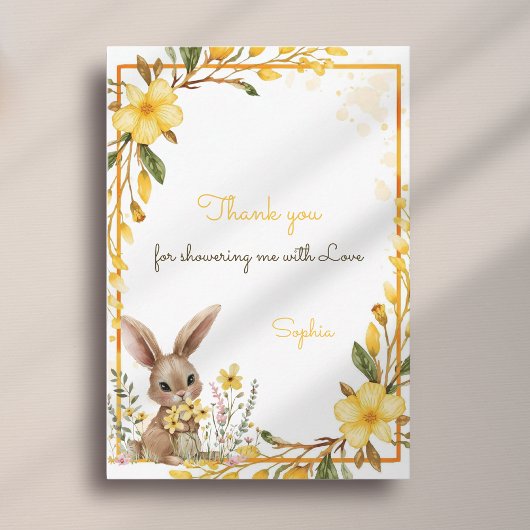 Yellow Flower Cute Bunny Spring Easter Baby Shower Bedankkaart