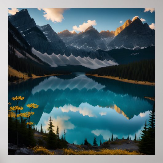 Yellow Flower Lake Mountain Landscape Poster (Voorkant)