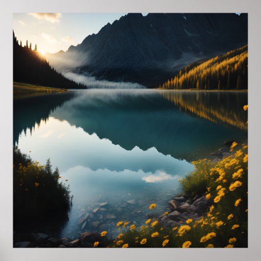 Yellow Flower Lake Mountain Landscape Poster (Voorkant)