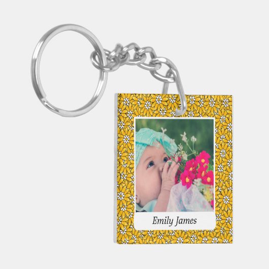 Yellow Flower Pattern Custom Photo Personalised Sleutelhanger (Voorkant Links)