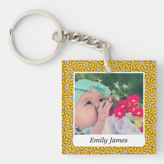 Yellow Flower Pattern Custom Photo Personalised Sleutelhanger (Voorkant)