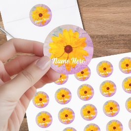 Yellow Flower Retro Roze Marmer Ronde Sticker