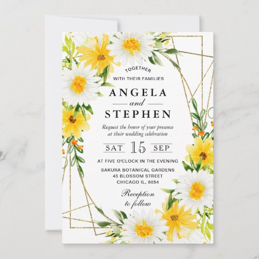Yellow Flowers Daisies Goud Lijst Bruiloft Kaart (Voorkant)