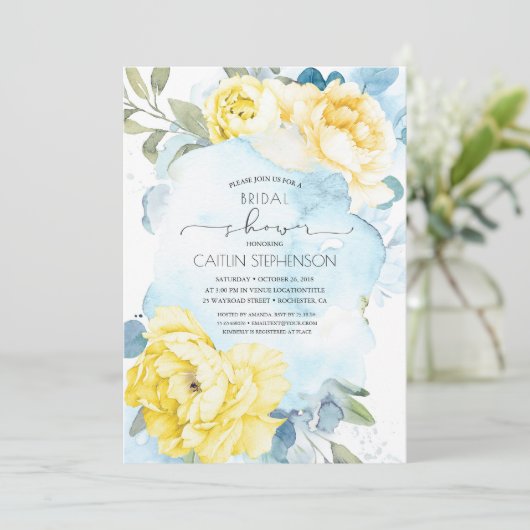 Yellow Flowers Dusty Blue Greenery Vrijgezellenfee Kaart (Staand voorkant)