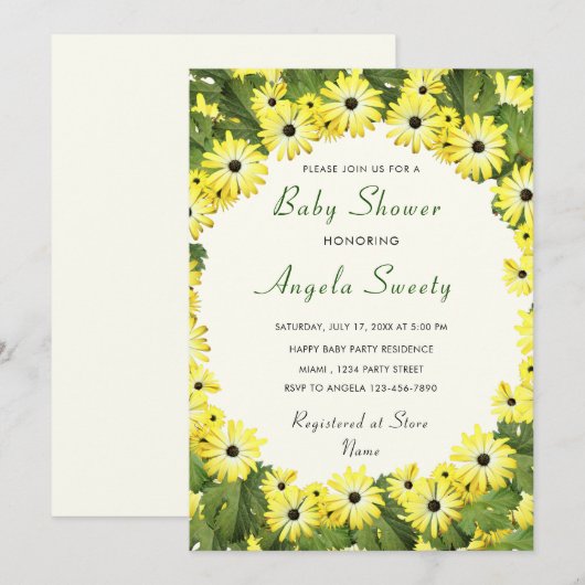 Yellow Flowers Framed Baby shower Invitation (Voorkant / Achterkant)