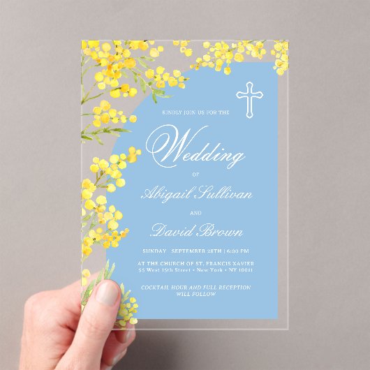 Yellow Flowers Light Blue Arch Religious Wedding Acryl Uitnodigingen (Insitu (Draagbaar))