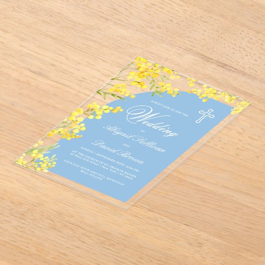 Yellow Flowers Light Blue Arch Religious Wedding Acryl Uitnodigingen (Laagn)