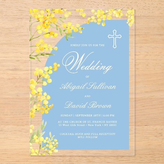 Yellow Flowers Light Blue Arch Religious Wedding Acryl Uitnodigingen (Voorkant)