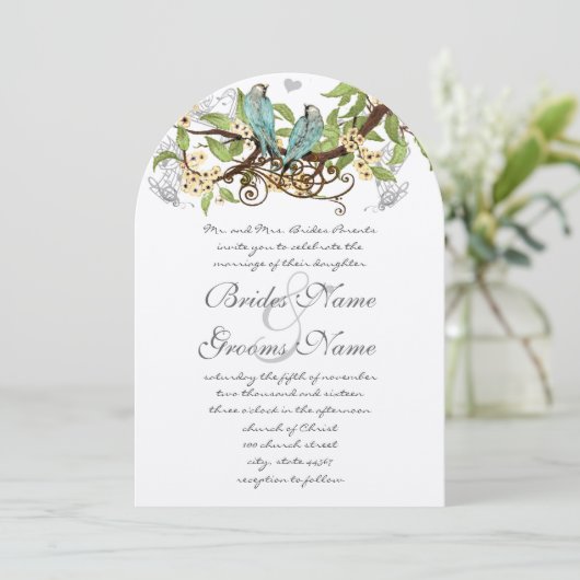 Yellow Flowers Pool Blue Birds Wedding Invite Kaart (Staand voorkant)