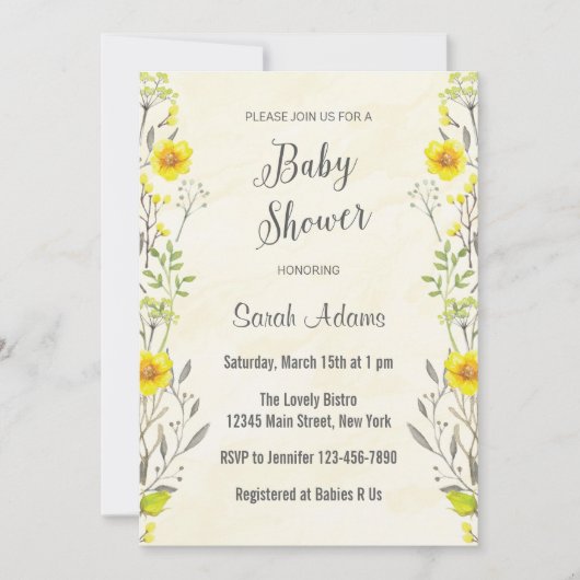 Yellow Flowers Waterverf Baby shower Uitnodiging (Voorkant)