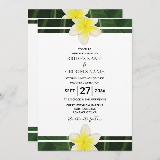 Yellow Frangipani Plumeria Wedding Invitations Kaart (Voorkant / Achterkant)