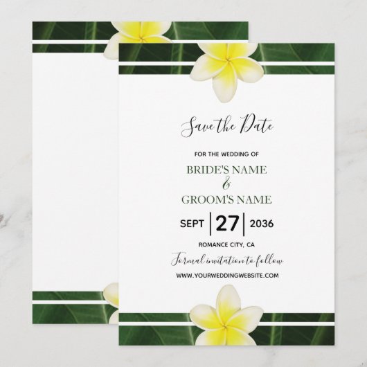 Yellow Frangipani Plumeria Wedding Save the Date (Voorkant / Achterkant)