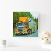 Yellow Freight Truck - Vrachtwagen en Highway Art Vierkante Klok (Huis)