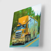 Yellow Freight Truck - Vrachtwagen en Highway Art Vierkante Klok (Hoek)