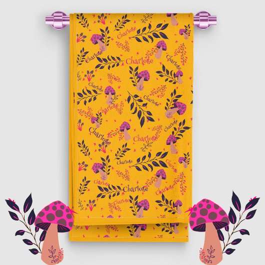 Yellow Fuchsia Funny Mushrooms Custom Baby Naam Handdoek