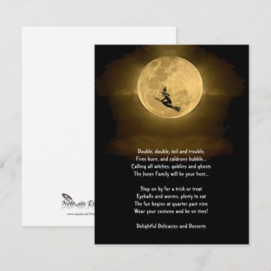 Yellow Full Moon and Witch Halloween Party Kaart (Voorkant / Achterkant)