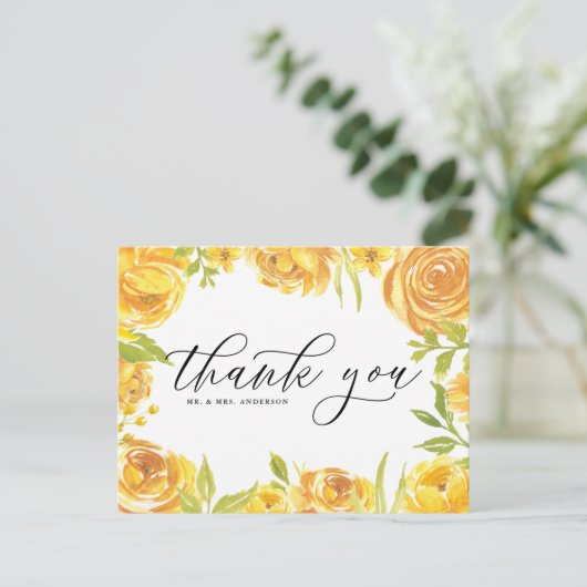 Yellow Garden Rozen Lijst bruiloft Dank u Briefkaart (Staand voorkant)