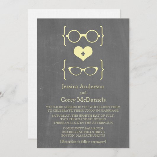 Yellow Geeky Glasses Chalkboard Wedding Invite Kaart (Voorkant / Achterkant)