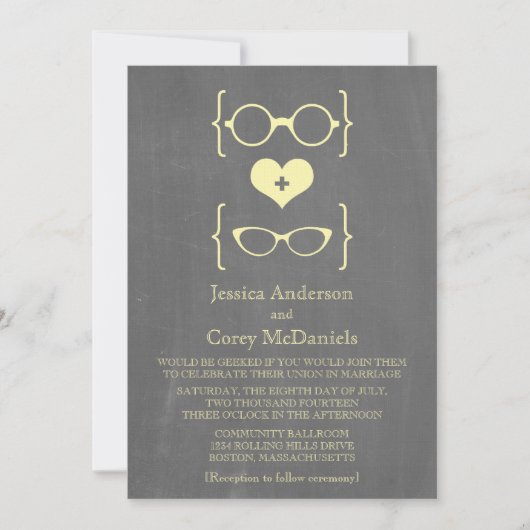 Yellow Geeky Glasses Chalkboard Wedding Invite Kaart (Voorkant)