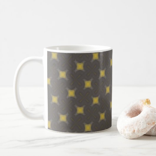 Yellow geometric motifs on grey coffee mug koffiemok (Met donut)