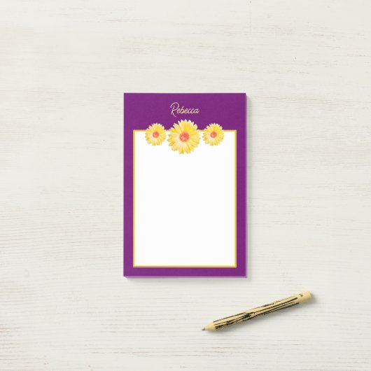 Yellow Gerbera Daisies op Paarse gepersonaliseerde Post-it® Notes (Op bureau)