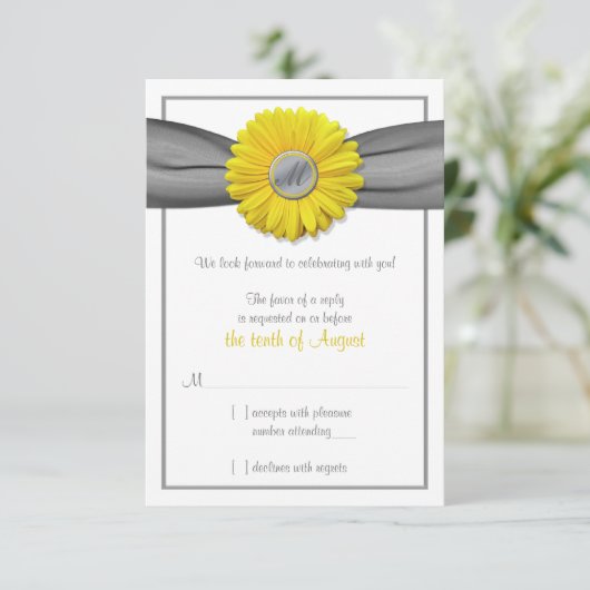 Yellow Gerbera Daisy Grey Ribbon RSVP antwoordkaar (Staand voorkant)