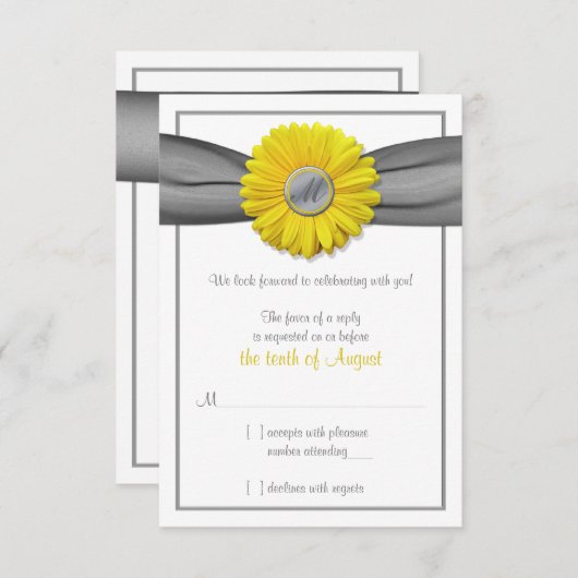 Yellow Gerbera Daisy Grey Ribbon RSVP antwoordkaar (Voorkant / Achterkant)