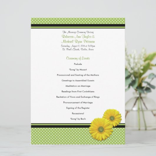 Yellow Gerbera Daisy Polka Dot Wedding Program Programmakaart (Staand voorkant)