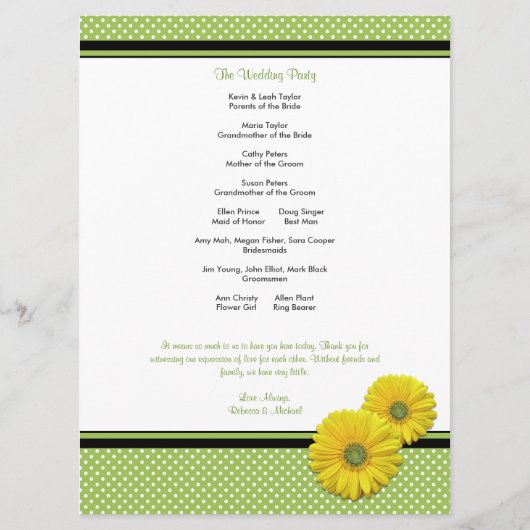 Yellow Gerbera Daisy Polka Dot Wedding Program Programmakaart (Achterkant)
