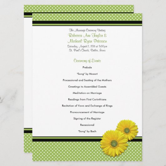 Yellow Gerbera Daisy Polka Dot Wedding Program Programmakaart (Voorkant / Achterkant)