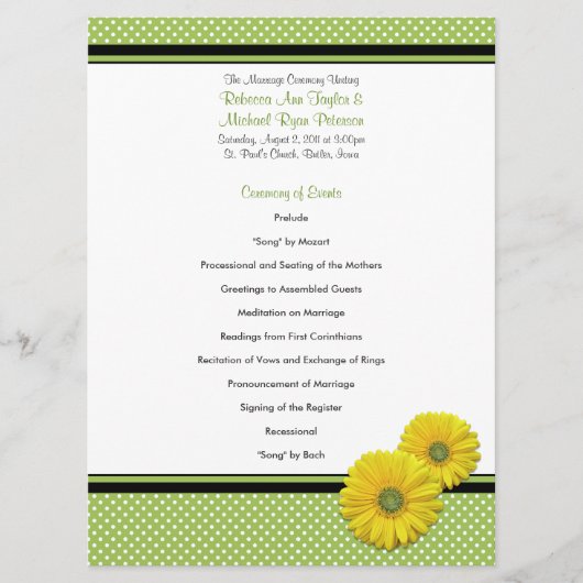 Yellow Gerbera Daisy Polka Dot Wedding Program Programmakaart (Voorkant)