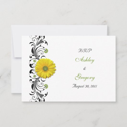 Yellow Gerbera Daisy Zwart Groen Bloemen Beantwoor RSVP Kaartje (Voorkant)