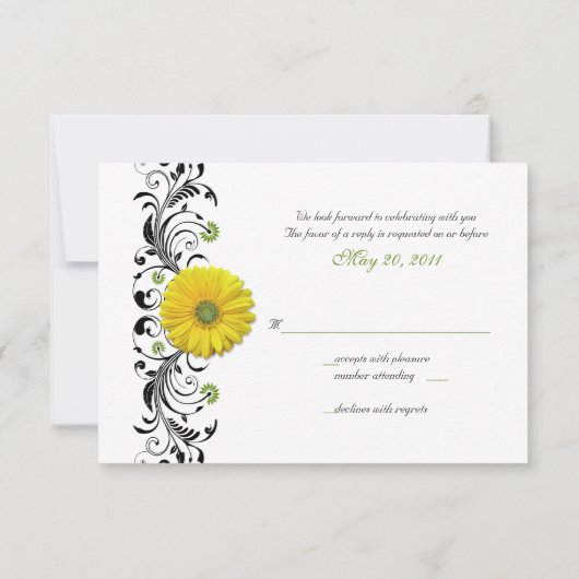 Yellow Gerbera Daisy Zwart Groen Bloemen Beantwoor RSVP Kaartje (Achterkant)