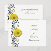Yellow Gerbera Daisy Zwart Groen Bloemen Beantwoor RSVP Kaartje (Voorkant / Achterkant)