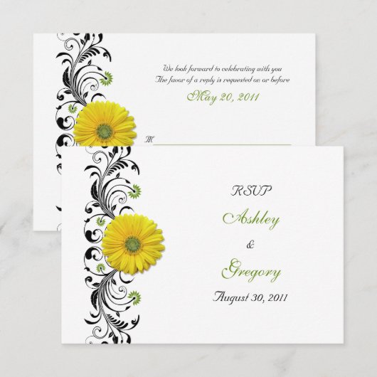 Yellow Gerbera Daisy Zwart Groen Bloemen Beantwoor RSVP Kaartje (Voorkant / Achterkant)