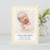 Yellow Gingham Baby Geboorte aankondiging fotokaar (Staand voorkant)