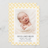 Yellow Gingham Baby Geboorte aankondiging fotokaar (Voorkant / Achterkant)
