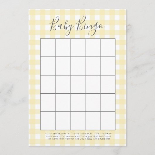 Yellow Gingham Baby shower Bingo Kaarten (Voorkant)