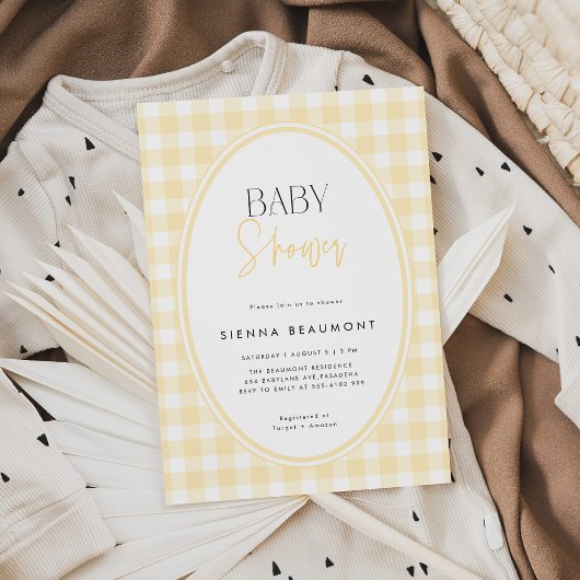 Yellow Gingham Baby Shower Invitation Kaart