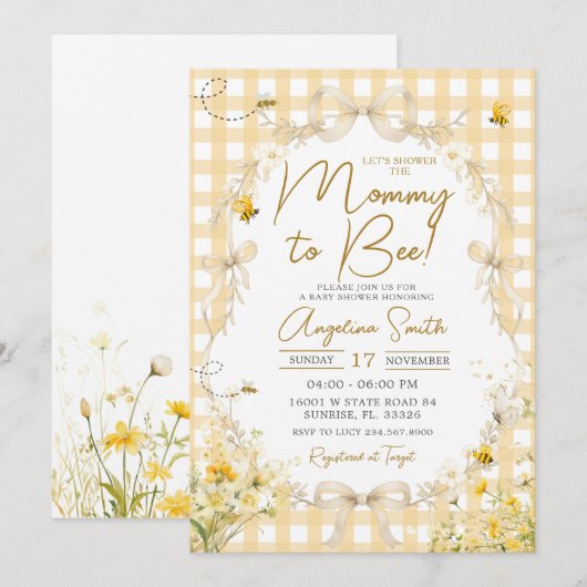 Yellow Gingham Bee Baby Shower Invitation Kaart (Voorkant / Achterkant)