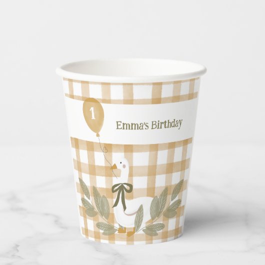 Yellow Gingham Boerderij Gekke Goose Balloon Papieren Bekers (Voorkant)