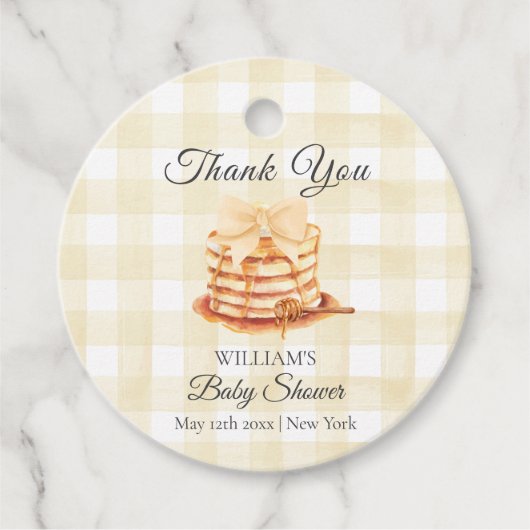 Yellow Gingham Bow Pannenkoek Brunch Baby shower Bedankjes Labels (Voorkant)