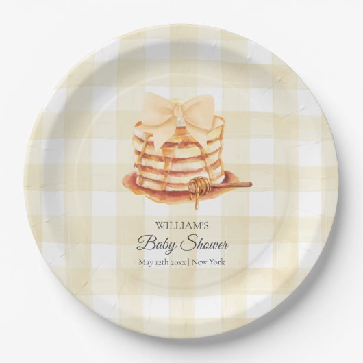 Yellow Gingham Bow Pannenkoek Brunch Baby shower Papieren Bordje (Voorkant)