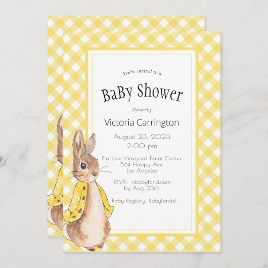 Yellow Gingham Bunny Rabbit Baby shower Kaart (Voorkant / Achterkant)